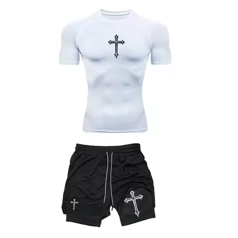 Trendy breathable tight fitting sportswear men's training two-piece set tight fitting T-shirt shorts