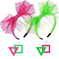 80s Earrings and Headband Set - 4pk, 80 Accessories for Halloween Costume | Neon Earrings | Lace Bow