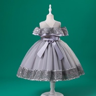 Drees for Girl Kids Gray Sleeveless Summer Costume Sequin Puff Kids Girl Birthday Dress Baby Terno O