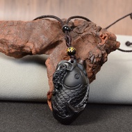 Natural Obsidian Wenchang Fish Pendant Crystal Men Women Koi Arowana Necklace Amulet Jewelry