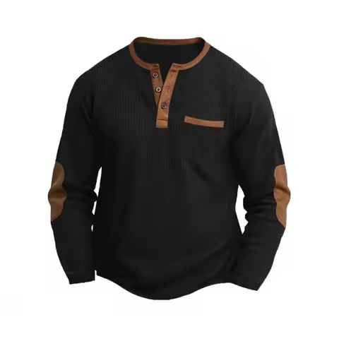 Spring Autumn New Men Waffle Cotton Button Long Sleeve Henley Neck TShirt Casual Solid Color Breatha