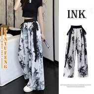 Ink Painting Ribbon Pants Women Ice Silk Straight Cut Palazo Slack High Waist Baggy Loose Wide Leg C
