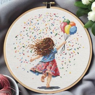 14CT Cross Embroidery Painting of Girl Holding Balloons size 23x25