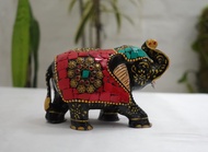 Hand Crafted Wooden Elephant with Stone and Jewel Work/Fine Carving Up Trunk Elephant Figurine Showp