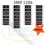 Resistor SMD 1206 3ohm,3.3ohm,3.6ohm,3.9ohm,300ohm, 330ohm, 360ohm, 33Kohm, 300Kohm,330Kohm,360Kohm,