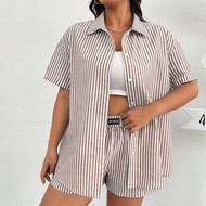 Bộ 2 áo'sơ mi và quần short thường ngày bằng vải kaki dệt và sọc trắng dành cho nữ