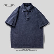 JINJIEJIAODIAN | เสื้อโปโลแขนสั้น High Street ย้อมสีเข้มล้างแล้ว