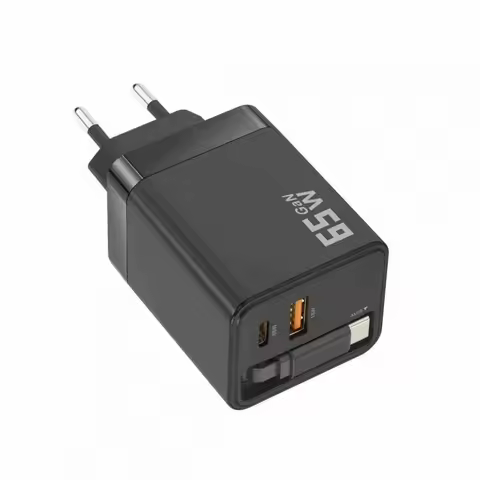 65W GaN Charger with Retractable Cable PD Fast Charging for Laptop Macbook Asus Lenovo Acer Dell Hp 
