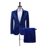 GUKENRO 2PCS Suit Set For Men Glitter Gold Dot Velvet Gilded Line Stylish Singer Starry Night JS Pro