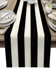黑白條紋木紋圖案亞麻桌布,非常適合農舍餐桌上的節日派對裝飾