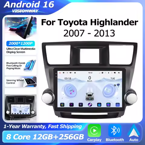 Android 16 For Toyota Highlander 2 XU40 2007-2013 QLED 2000*1200P 8 Core Multimedia Player Auto Wire