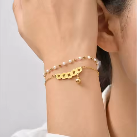 Feng Shui Chinese Coin Bracelet Gold Plated Double Layer Pearl Lucky Wealth Amulet Stainless Steel J