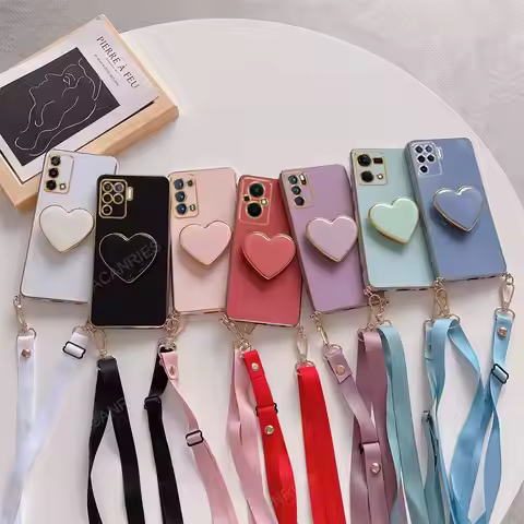 Reno7 Plating Love Heart Holder Crossbody Lanyard Case For Oppo Reno 8 7 6 5 Lite 4G 5G Back Cover O