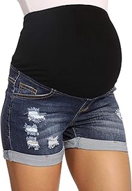 Maternity Denim Shorts for Women High Waist Distressed Cuffed Hem Casual Denim Jeans Short Dark Blue