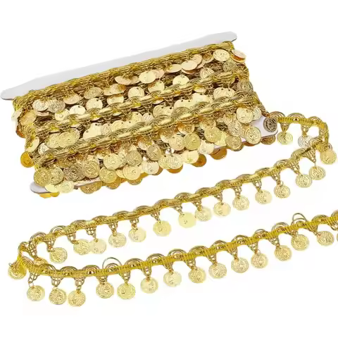 10 Yards Gold Coin Shape Sequin Tassel Trim 1.42 Inch Width Sequins Fringe Lace Trim Belly Dance Tas
