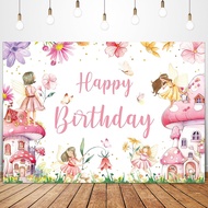 【Reusable】180*110CM Fairy Flowers Mushroom Birthday Backdrops Girls Birthday Party Decor Background