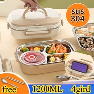 4-in-1 Leakproof Bento Box  304 Stainless Steel Thermal Lunch Box with Cutlery Set Microwave Safe W4
