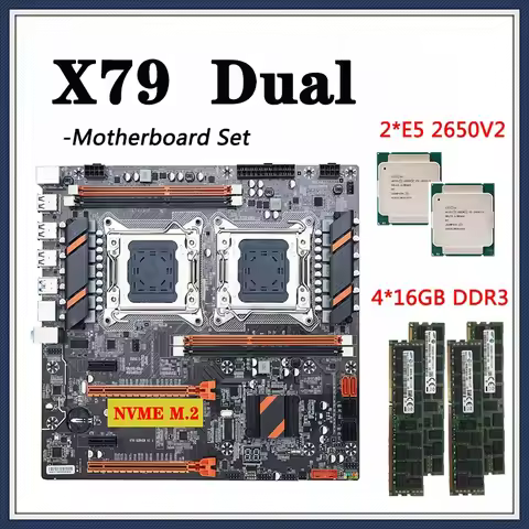 X79 Motherboard Set Dual CPU With 2*E5 2650V2 Processor LGA 2011 4*16GB=64GB 1600Mhz DDR3 RAM Suppor
