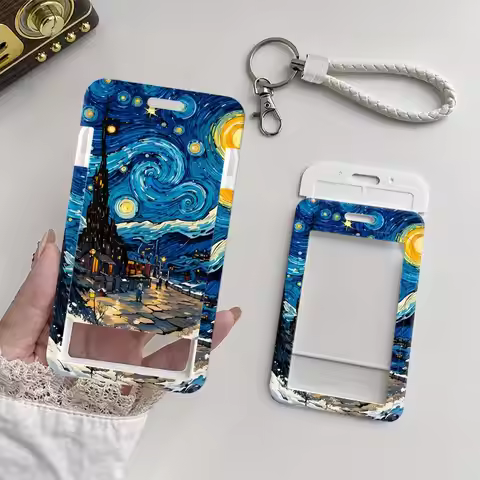 Starry Night Town Cover Case 1Pc Card Holder Retractable Credit Card Holders Holders Child Bus with 