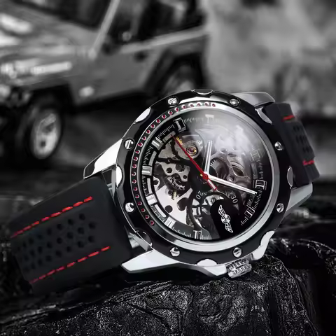 WINNER Sports Outdoor Mechanical Watch for Men Luminous Hands Black Skeleton Automatic Watches Luxur