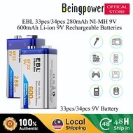 EBL 33pcs 34pcs 280mAh 6F22 9V Ni-MH Battery 9V 600mAh Li-ion Rechargeable Battery Beingpower