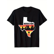 Houston Texas Retro State Flag T-Shirt, Cotton, Black Skyline Design with Texas Pride, Casual Summer