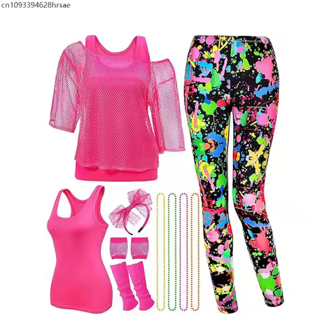 80's Women Retro Costume Set Women's 80s Leggings Fishnet Neon Shirt with Leg Warmers Necklace Brace