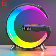 【SG Stock-Black color】ZUZG 4 In1 Multi Functional Wireless Charger Atmosphere Lamp Bluetooth Speaker Music Clock Alarm Key and App Control Speaker Sound Machine Sunrise Alarm Clock for Adults Kids