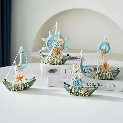 Retro Mediterranean Mini Wood Sailing Boat Ornaments, Handmade Net Boat Model Anchor Wheel Starfish 