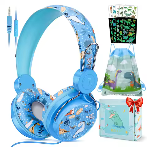Dinosaurs Kids Headphones with Mic for School/Travel Stereo Sound Over-Ear for Kid Foldable 3.5mm Wi
