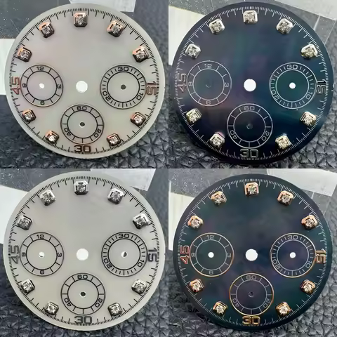 29.5mm Black White MOP Watch Dial Diamond-Set Arabic Markers Chronograph For Seiko VK63 Daytona Quar