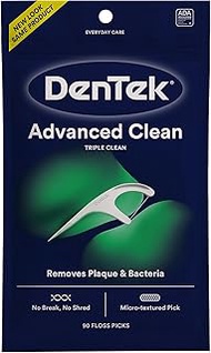 DenTek Triple Clean Advanced Clean Floss Picks, No Break & No Shred Floss, 90 Count, White
