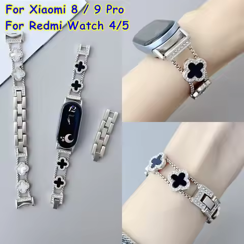 Diamond Four-leaf Clover Strap For Xiaomi Mi Band 8 9 Pro Watchband Mi Band 9 Metal Bracelet Correa 