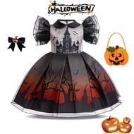 MQATZ ชุดพิมพ์ลายฟักทองฮาโลวีนสำหรับเด็กผู้หญิงงานเลี้ยงสังสรรค์ชุดผีคอสเพลย์พร้อมกระเป๋าโกธิคชุดงาน