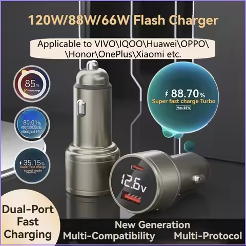 120w Car Charger with Display USB-C USB A Flash Charging Car Charger Suitable for Phones Laptops for