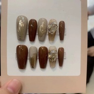 [Handmade Nail Art] Brown Nail Art Patch Removable Wearable Nail Art Whitening Nail Art tictok Popular Products