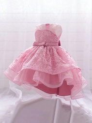 嬰兒女孩純色無袖網紗繡花公主裙,蝴蝶結裝飾,優雅正式服裝