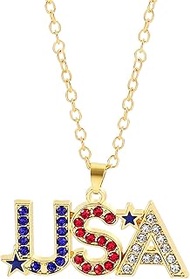 4th of July Necklace Patriotic Rhinestone Red Blue White American Flag Enamel Stars Heart USA Flags 