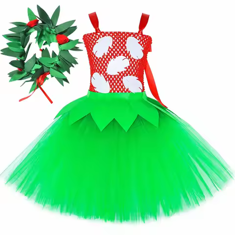 Hawaiian Princess Dress Lilo Costume for Girls Red Green Leaf Tutu Dress Toddler Kids Halloween Carn
