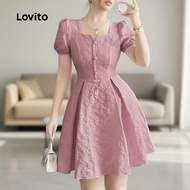 Lovito Gaun Elegan Jacquard Kancing Berlipat Musim Bunga/Panas Pink untuk Wanita L138ED340