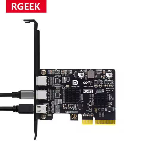 RGEEK PCI-e X4 to USB 3.2 Gen 2 10Gbps 2x USB-C Type C Ports + DP1.4 4K 60HZ Output Adapter Card for
