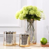 現代簡約金色鍍金條紋直筒玻璃花瓶創意插花器圓柱客廳臺面裝飾品