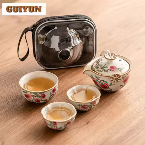 Cream Ru Kiln Pink Color Nine Peach Tea Set Kit Zen 1 Pot 3 Cups Tea Maker Portable Travel Picnic Ca