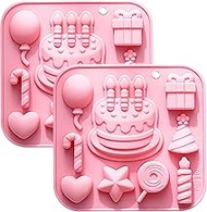 Silicone Baking Mould Set, 2 Pieces, Birthday Cake Motif with Heart, Balloon, Star and Sweets Design