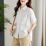 淺藍色純棉襯衫女五分袖2025夏季設計感小衆上衣純棉襯衣