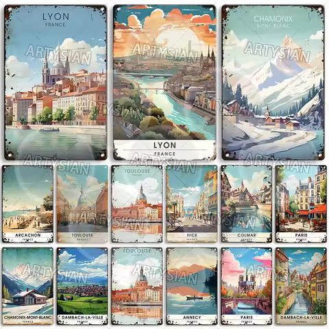 France Travel Cityscape Metal Sign Paris Lyon Toulouse Cahors Nice Arcachon Colmar Mont-Saint-Michel