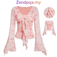 💖Zsndpqa💖[Ready Stock In Malaysia] Blouse Women Korean Style Glamorous Top Floral Tie Front Ruffle L