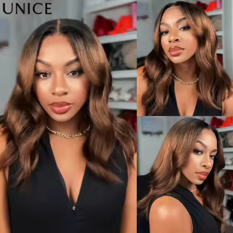 UNice Chestnut Brown Ombre Yaki Straight Bob Human Hair Wig 7x5 & 13x4 Lace Glueless Wig 150% Densit