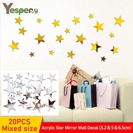 YESPERY 20pcs Star 3D Mirror Wall Sticker DIY Acrylic Mirror Sticker Mural Living Room Bedroom Kids Decorative Stickers