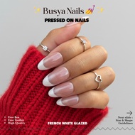 Busya Nails - French White Glazed C02 Gel Nail Art Pressed On Nails Almond Free Toolkit